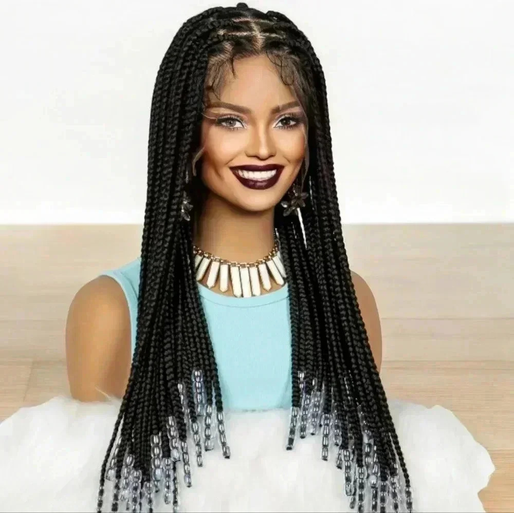 Knotless Box Braids,  full lace braided wig with bead Natural Baby Hair, 20 "